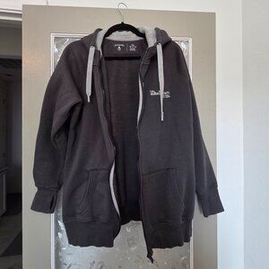 Thick, comfortable grey sweatshirt with thumb holes